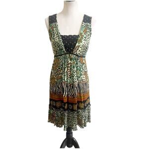 Forbidden Safari Print Dress Midi Size Medium Studded Neckline Tan Black Hippie